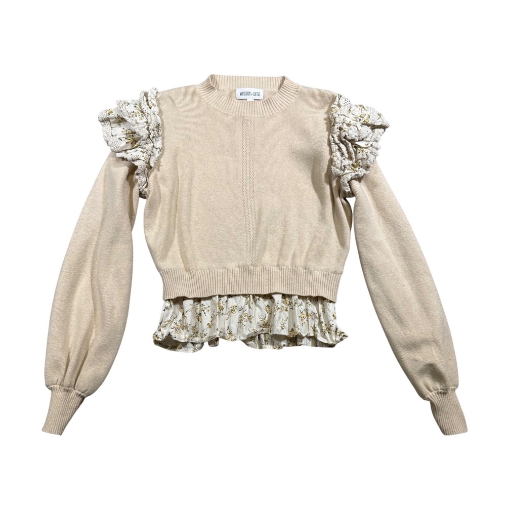 Women's Peplum Crochet Layered Knit Sweater Beige Floral Ruffle‎ Cottagecore XS